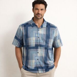 Tommy Bahama 100% Silk Shirt Mens Sz XL Blue Geometric Short Sleeve Button Up